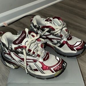 Balenciaga womens White and Metallic Maroon Runner Sneakers